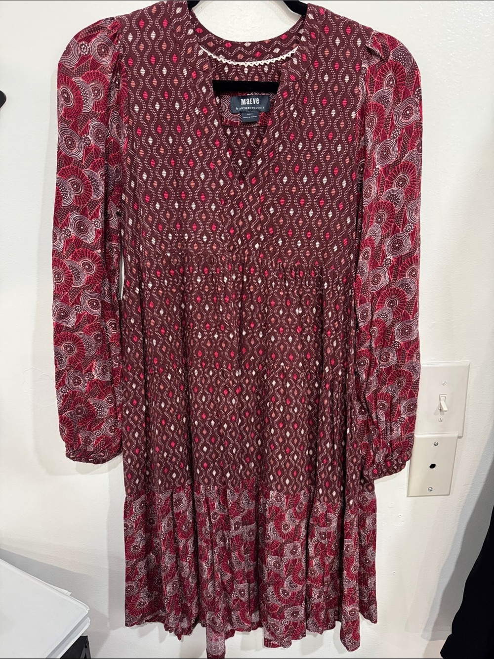 Maeve Maroon and Pink Patterned Long Sleeve Dress
